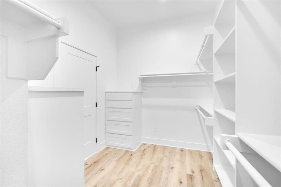 Spacious closet featuring light hardwood / wood-style floors