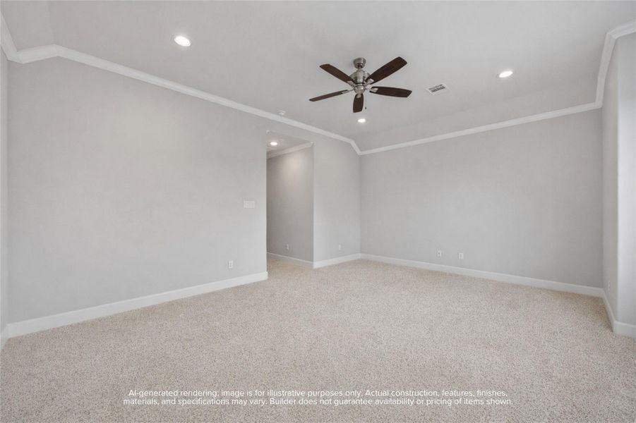 Master Class Storage: Relish the grandeur of a spacious primary suite, where comfort meets sophistication with a breezy ceiling fan and dual walk-in closets to indulge your wardrobe.