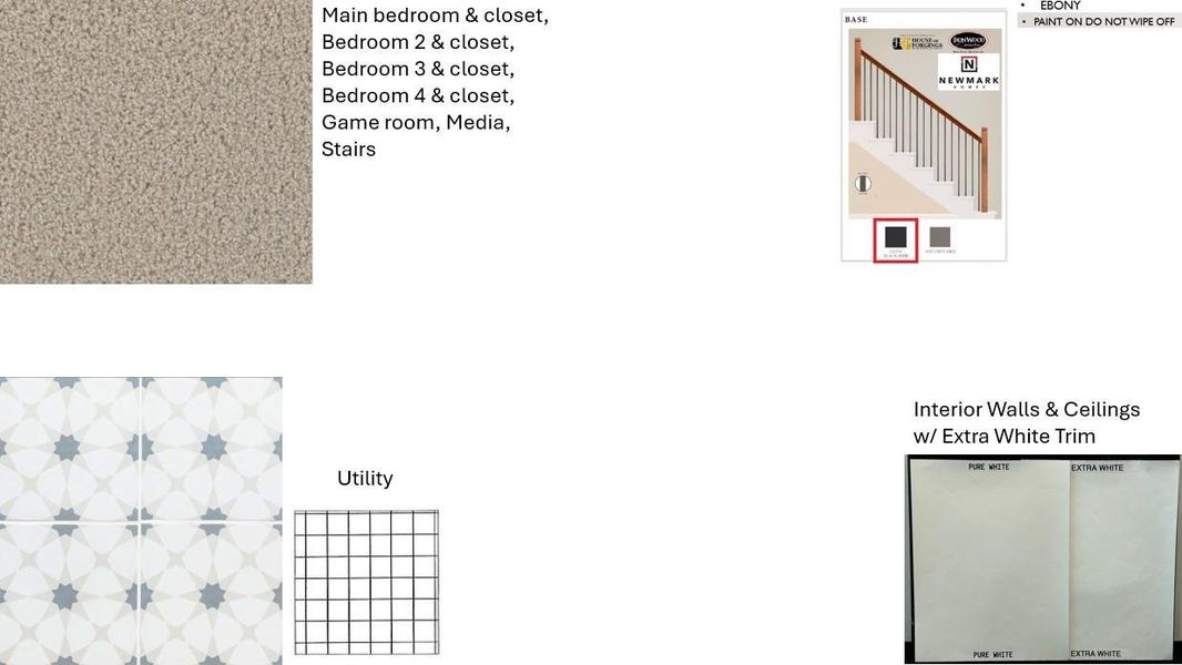 Carpet, interior wall paint, utility tile, and wrought iron stair selections