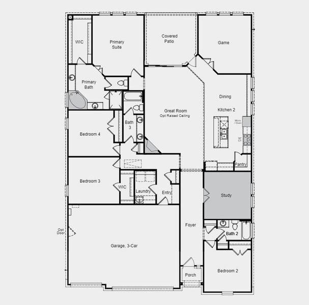 Structural options added include: 9x8' panel sliding door unit, study, raised ceiling at gathering room.