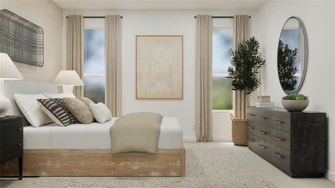 Bedroom featuring light carpet and baseboards Bedroom featuring light carpet and baseboards