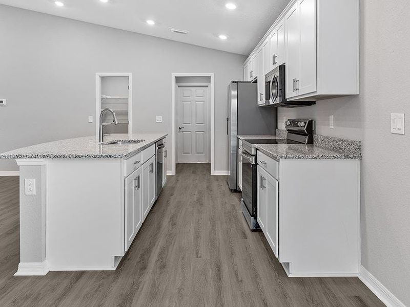 Your beautiful kitchen includes granite countertops, 36-inch cabinets, Samsung appliances, and a walk-in pantry.