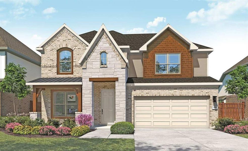 Two-story residence featuring a mixed-material facade of brick, stone, and siding accents Two-story residence featuring a mixed-material facade of brick, stone, and siding accents
