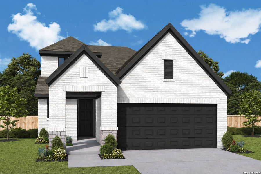 Front exterior of a new home in Mayfair - Select Garden Series, New Braunfels, TX, highlighting curb appeal (Image 1). Front exterior of a new home in Mayfair - Select Garden Series, New Braunfels, TX, highlighting curb appeal (Image 1).
