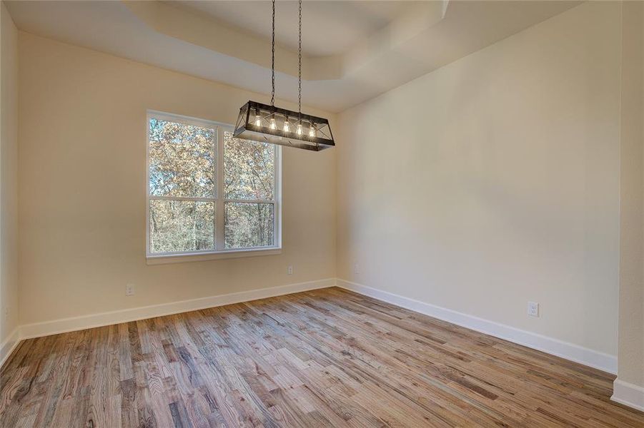 Dining room just off kitchen has natural light on two sides, trey ceiling, and decorative lighting.