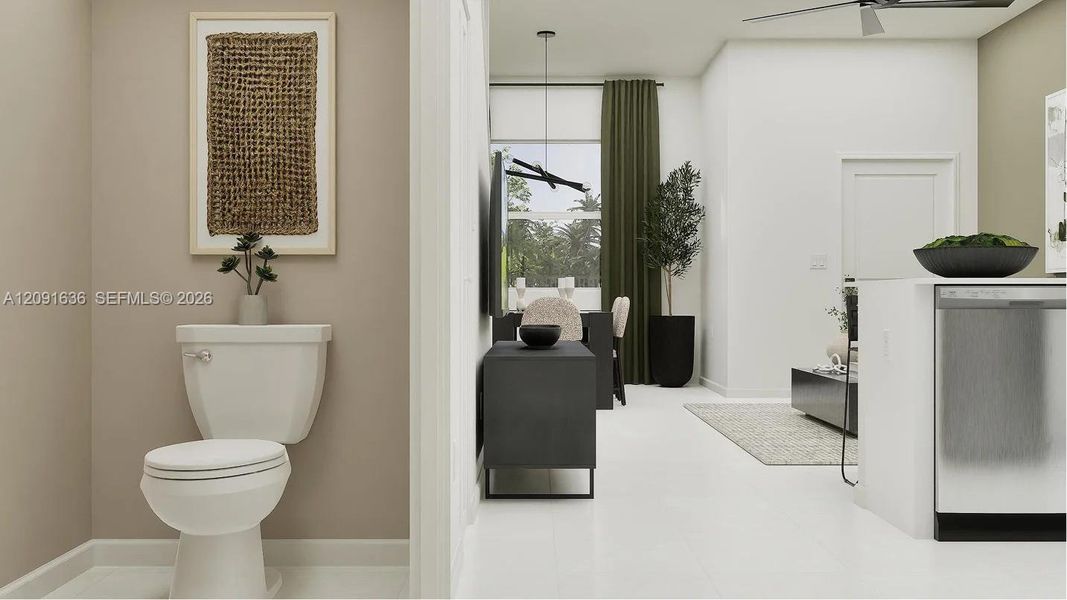 Readily available off the kitchen, this powder room provides easy convenience to residents and guests. Readily available off the kitchen, this powder room provides easy convenience to residents and guests.