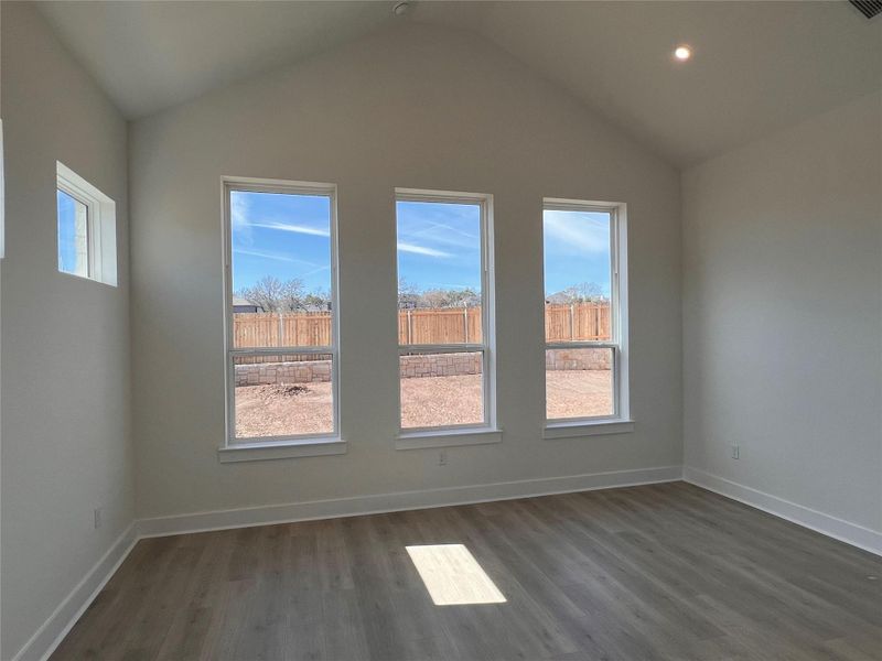 Bonus room with dark wood-style floors, plenty of natural light, lofted ceiling, and recessed lighting