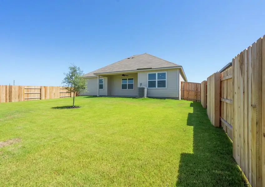 Fully fenced yard with a covered patio