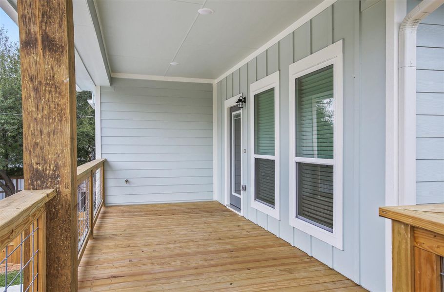 One of three exterior porches