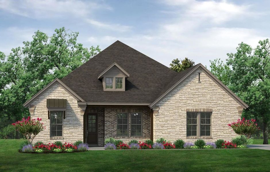 Front exterior of a new home in Clear Sky Addition, Valley View, TX, highlighting curb appeal (Image 1).