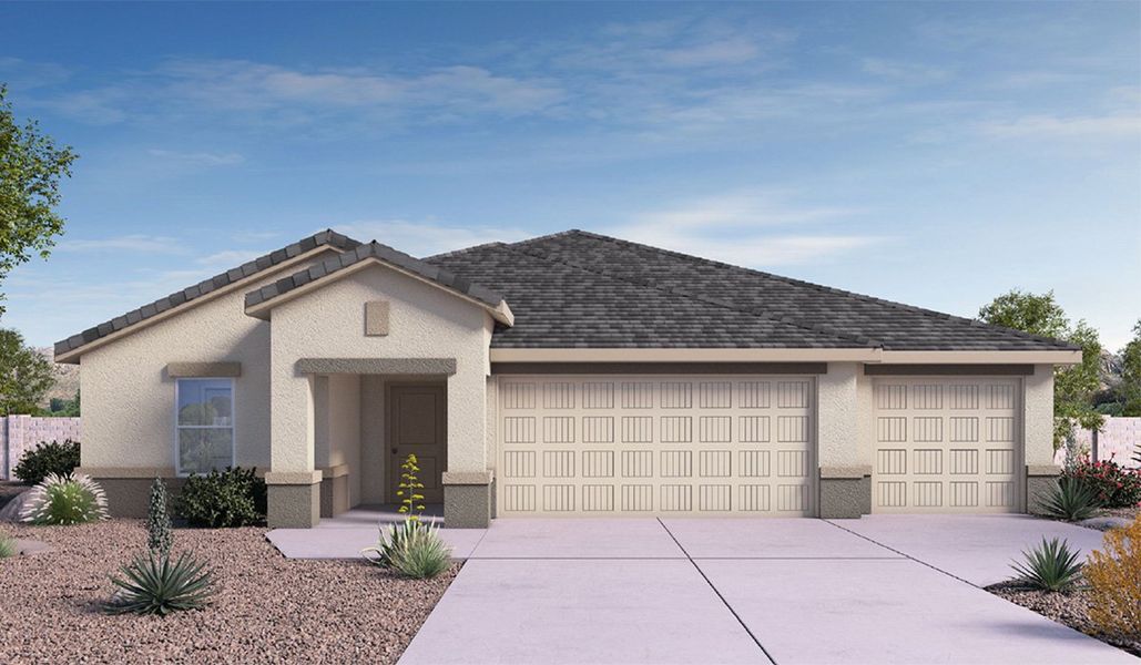 Front exterior of a new home in Saguaro Bloom, Marana, AZ, highlighting curb appeal (Image 1). Front exterior of a new home in Saguaro Bloom, Marana, AZ, highlighting curb appeal (Image 1).