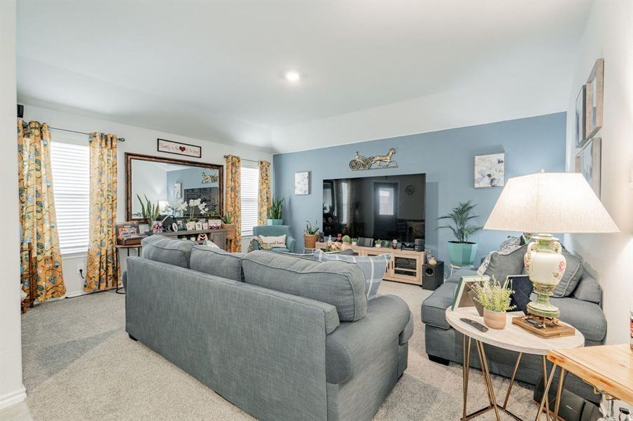 Living room with light colored carpet