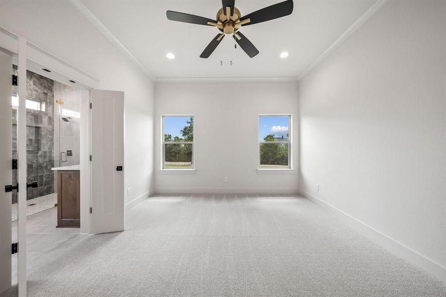 Spacious room featuring light-toned carpeting, two windows, and a ceiling fan with integrated lighting
