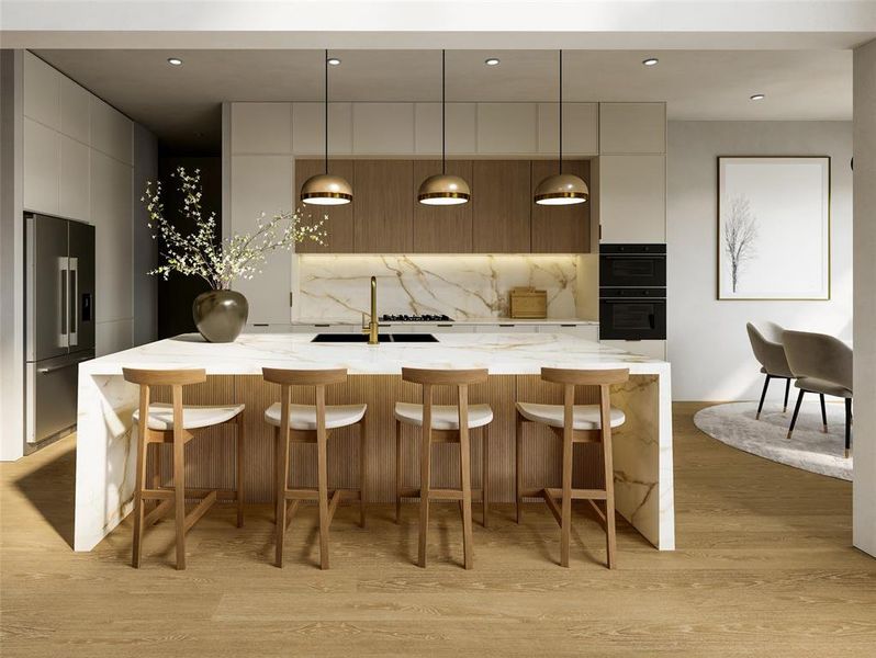 Bar with light stone countertops, decorative light fixtures, high end refrigerator, light wood-style flooring, and recessed lighting Bar with light stone countertops, decorative light fixtures, high end refrigerator, light wood-style flooring, and recessed lighting