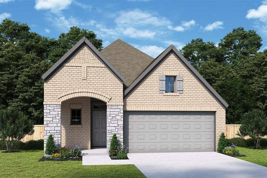 The property features a brick and stone facade, an arched entryway, and a prominent garage with a paved driveway The property features a brick and stone facade, an arched entryway, and a prominent garage with a paved driveway