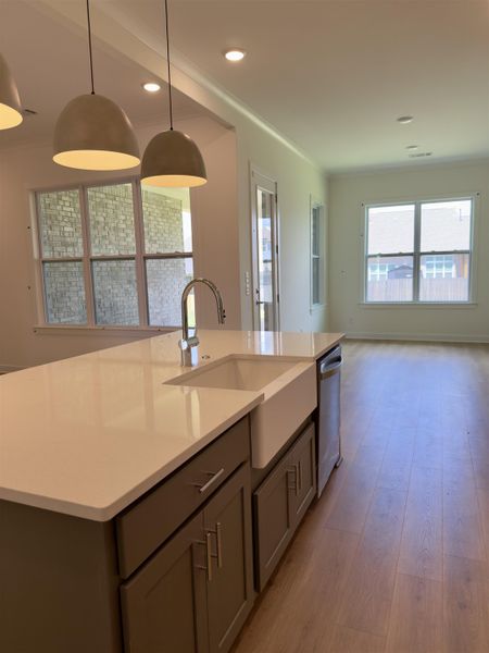 Kitchen island with a farmhouse sink, integrated dishwasher, and light-toned countertops Kitchen island with a farmhouse sink, integrated dishwasher, and light-toned countertops