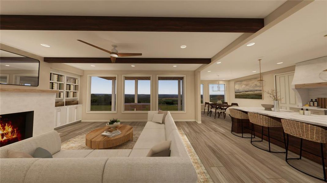 Living room featuring beamed ceiling, plenty of natural light, a premium fireplace, light wood-style floors, and ceiling fan