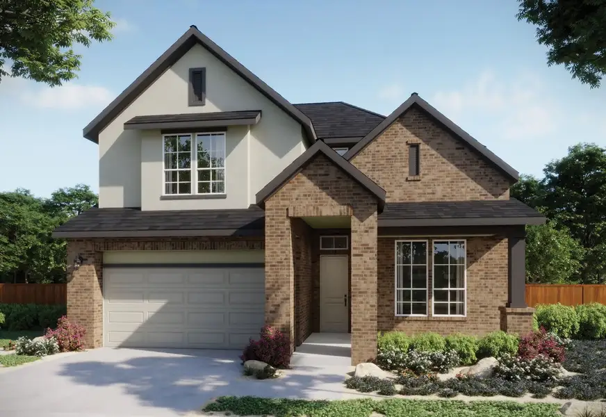 Front exterior of a new home in Persimmon, Buda, TX, highlighting curb appeal (Image 1). Front exterior of a new home in Persimmon, Buda, TX, highlighting curb appeal (Image 1).