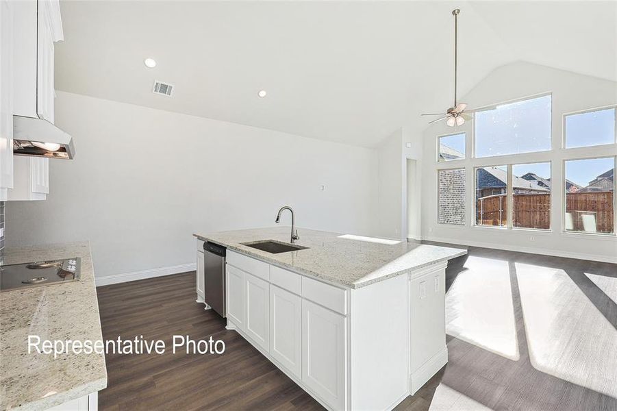 Kitchen with sink, dark hardwood / wood-style flooring, light stone counters, a kitchen island with sink, and stovetop