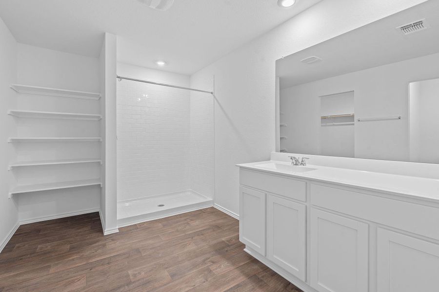 Bathroom with vanity, a stall shower, dark wood finished floors, a spacious closet, and recessed lighting Bathroom with vanity, a stall shower, dark wood finished floors, a spacious closet, and recessed lighting