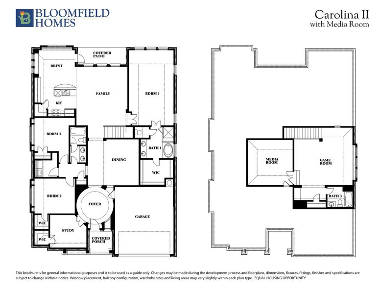 Bloomfield Homes Carolina II floor plan with media room, showing two-story layout with three bedrooms, study, and game room.
