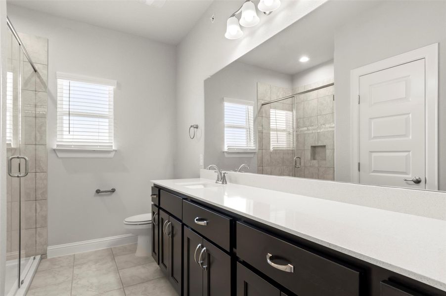 Bathroom featuring healthy amount of natural light, vanity, and a stall shower Bathroom featuring healthy amount of natural light, vanity, and a stall shower