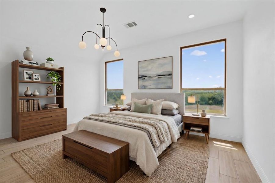 Spacious room with two large windows, wood-finish flooring, a contemporary ceiling light fixture, and a neutral color palette Spacious room with two large windows, wood-finish flooring, a contemporary ceiling light fixture, and a neutral color palette