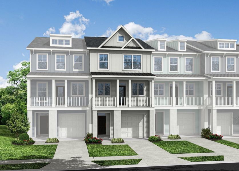 Front exterior of a new home in The Bluffs at Pinefield Townhomes, Charleston, SC, highlighting curb appeal (Image 1). Front exterior of a new home in The Bluffs at Pinefield Townhomes, Charleston, SC, highlighting curb appeal (Image 1).