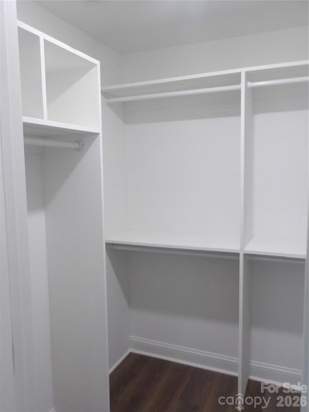 large closet with built in shelves