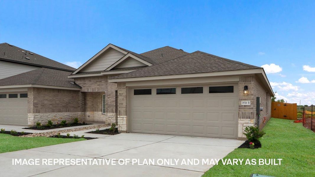 Front exterior of a new home in Palomino, Manor, TX, highlighting curb appeal (Image 2). Front exterior of a new home in Palomino, Manor, TX, highlighting curb appeal (Image 2).