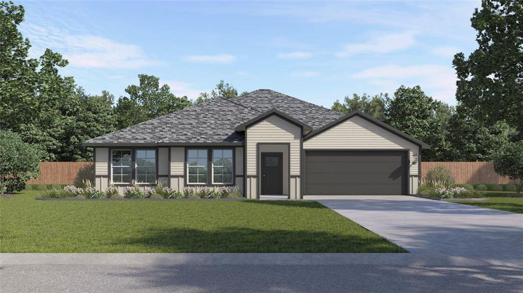 Single-story residence featuring a shingle roof, light-colored siding, dark trim accents, a dark front door, and a two-car garage with a dark door Single-story residence featuring a shingle roof, light-colored siding, dark trim accents, a dark front door, and a two-car garage with a dark door