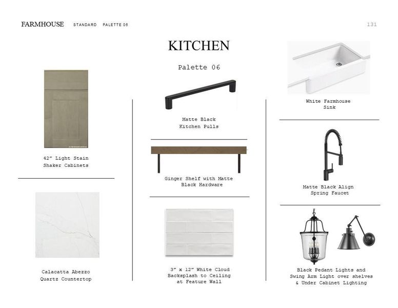 Farmhouse Look Palette 6: Kitchen Selection Sheet (*Artist rendering used for illustration purposes only.)