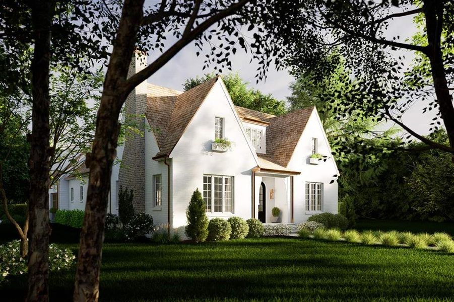 View of front of home with a front lawn, stucco siding, and roof with shingles