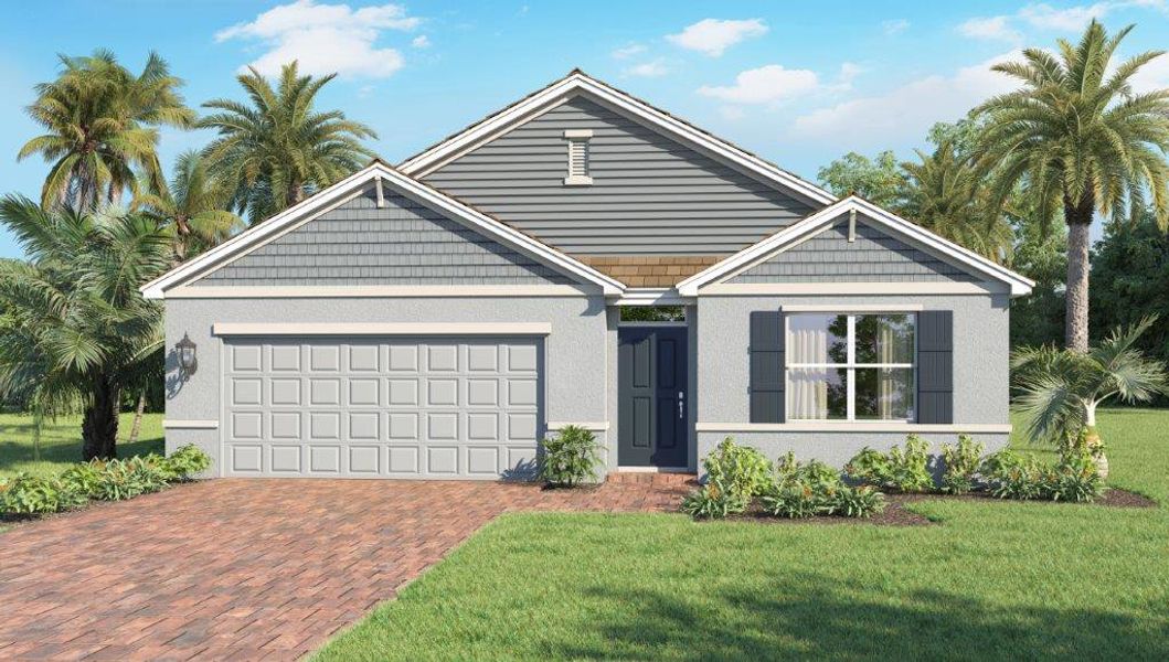 Front exterior of a new home in Cypress Bay West, Palm Bay, FL, highlighting curb appeal (Image 1).
