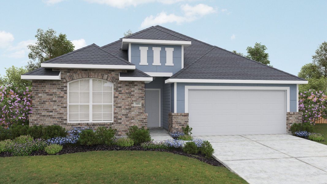 Representative exterior photo of a completed home built from the Driskill by DRB Homes in Opal Ranch, Kyle, TX (Image 7).