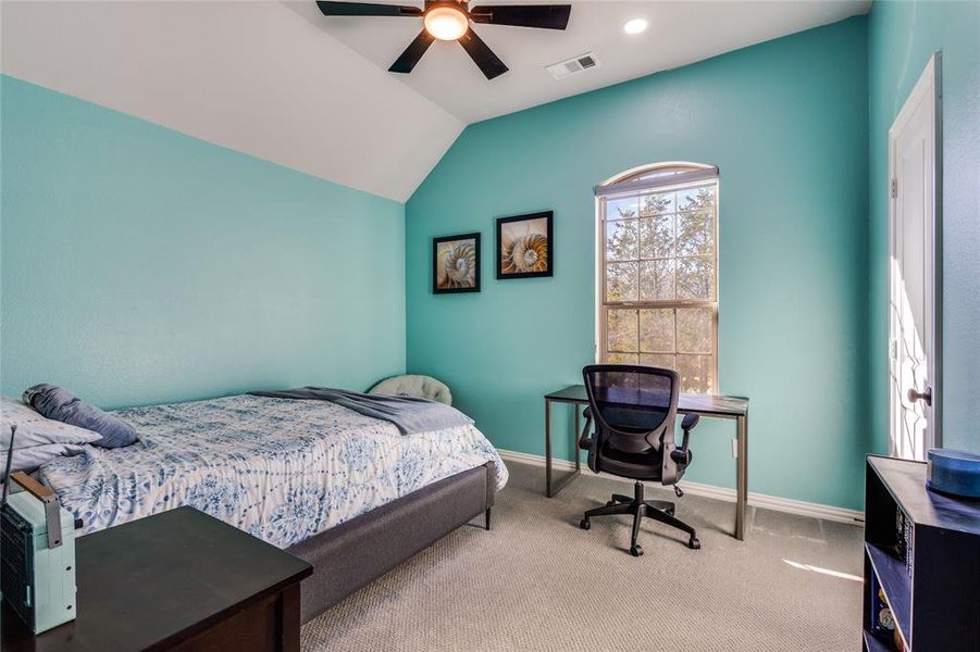 Bedroom with carpet floors, ceiling fan, lofted ceiling, and a desk