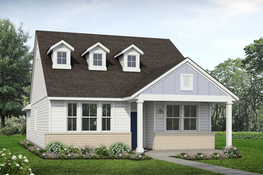 Rendering of one story home with 2 dormer windows, light blue accents, white paint, and light painted brick with landscaping and sky Rendering of one story home with 2 dormer windows, light blue accents, white paint, and light painted brick with landscaping and sky