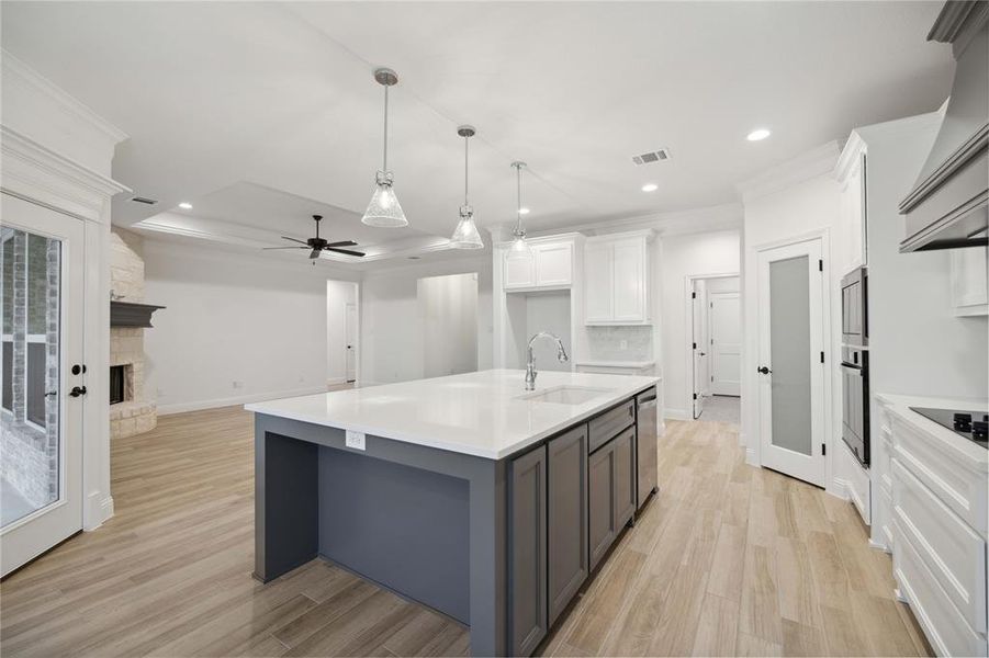 Kitchen featuring a stone fireplace, sink, an island with sink, light hardwood / wood-style floors, and white cabinets