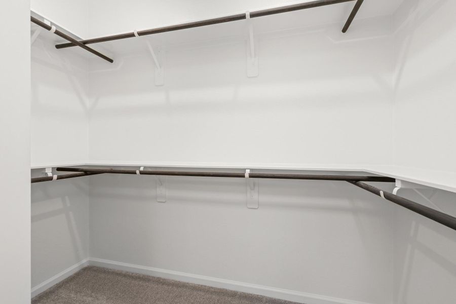 Spacious primary walk-in closet with multiple hanging areas and shelving.