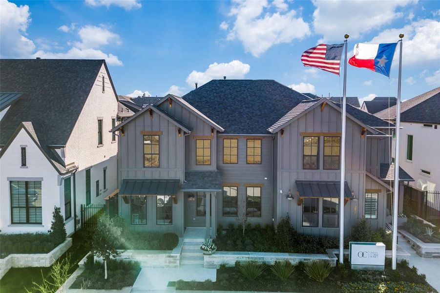 Front exterior of a new home in Fields, Frisco, TX, highlighting curb appeal (Image 2). Front exterior of a new home in Fields, Frisco, TX, highlighting curb appeal (Image 2).