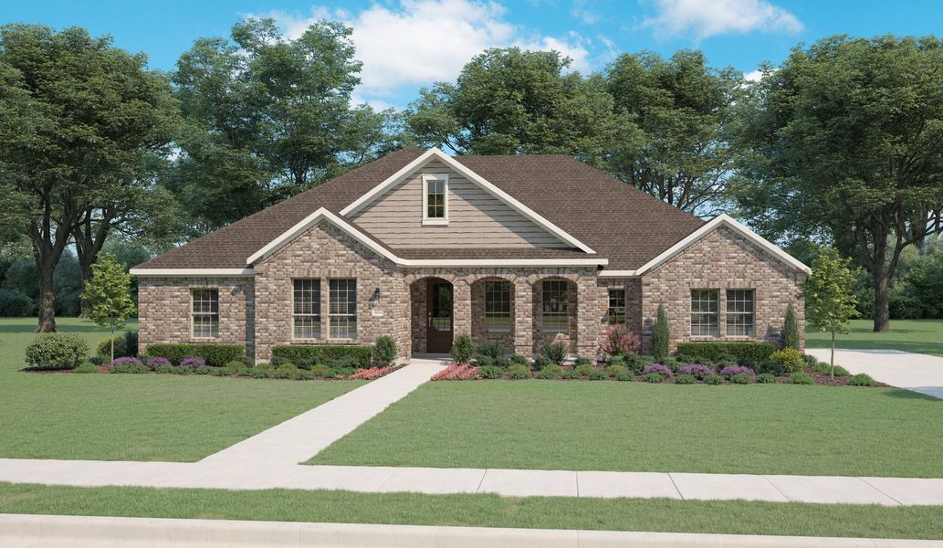 Front exterior of a new home in Lakeway Estates, Waxahachie, TX, highlighting curb appeal (Image 2). Front exterior of a new home in Lakeway Estates, Waxahachie, TX, highlighting curb appeal (Image 2).