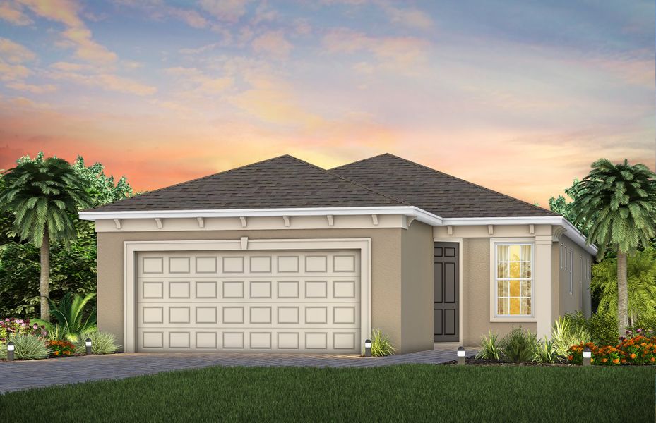 Front exterior of a new home in Del Webb Sunbridge, St. Cloud, FL, highlighting curb appeal (Image 24). Front exterior of a new home in Del Webb Sunbridge, St. Cloud, FL, highlighting curb appeal (Image 24).