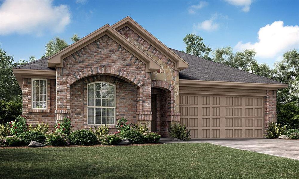 View of front facade featuring a front yard and a garage