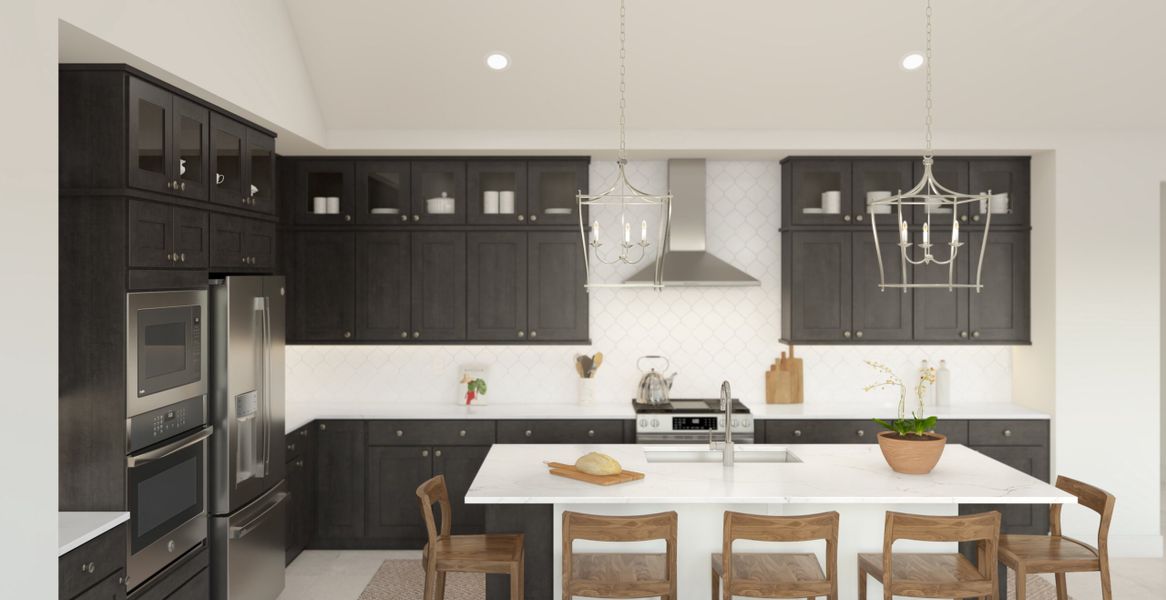 Kitchen with glass upper cabinets and pendant lighting