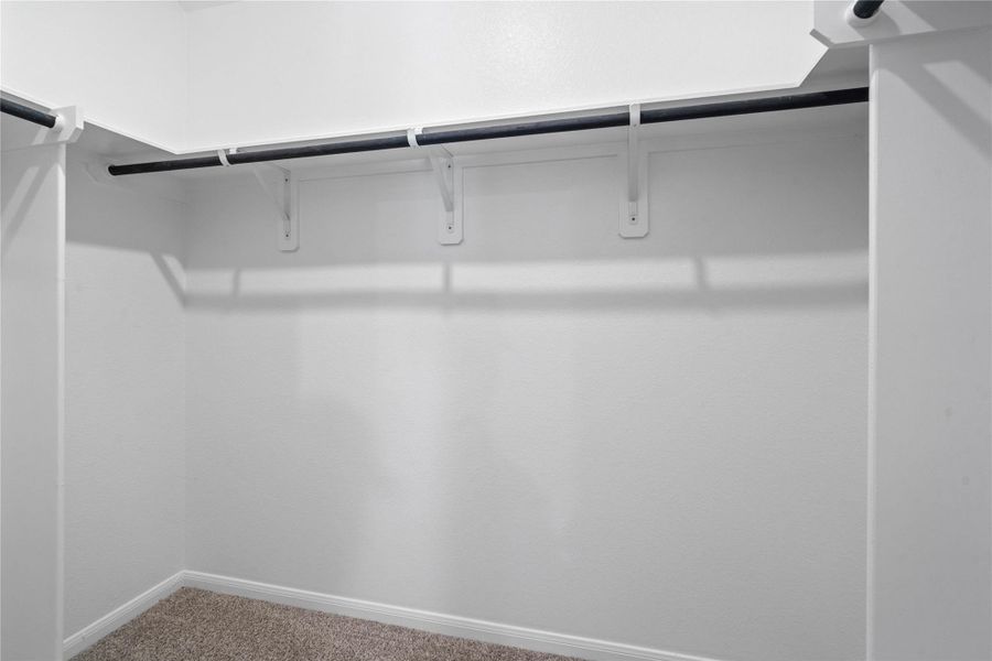 The primary suite features a generous walk-in closet equipped with functional hanging rods and shelving.