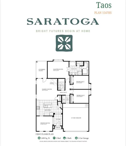 Here is the inside scoop on the Taos layout. It’s a smart 1,499 sq. ft. home with 3 bedrooms and 2 baths. The kitchen is right in the heart of the home, looking out into the family room so you never feel left out while cooking.