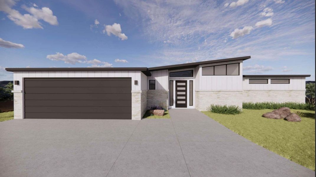 RENDERING - Contemporary home with stone siding, board and batten siding, a front yard, a garage, and driveway