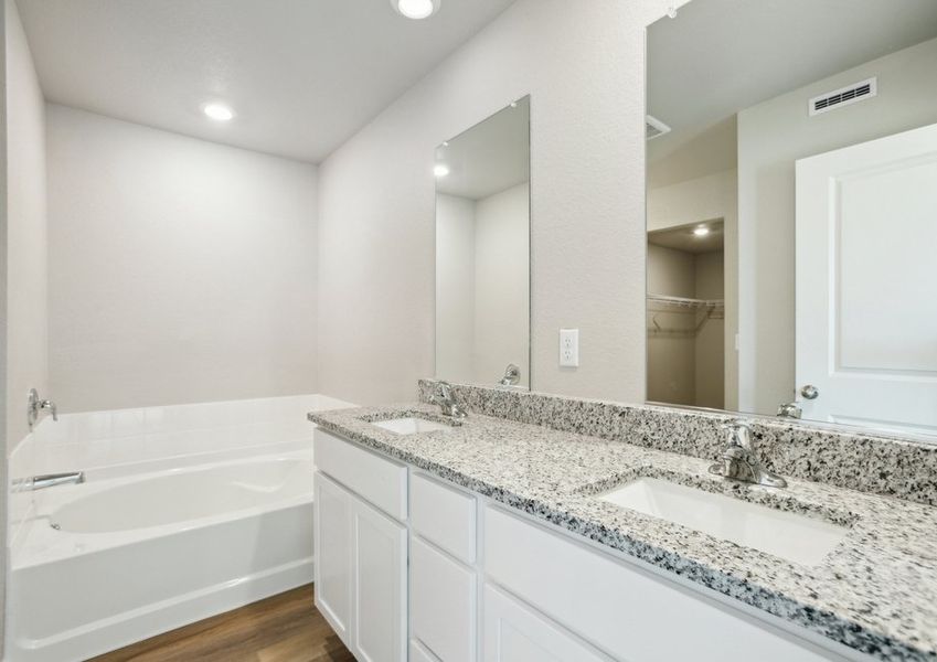 The master bathroom has a dual sink vanity and a step in shower and soaking tub.