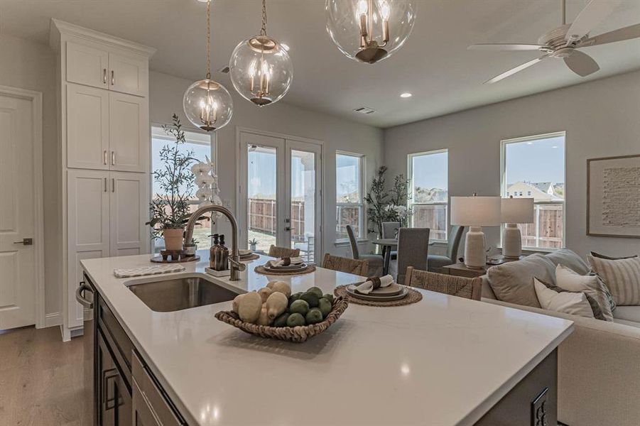 Kitchen with hardwood / wood-style floors, plenty of natural light, pendant lighting, sink, and white cabinetry