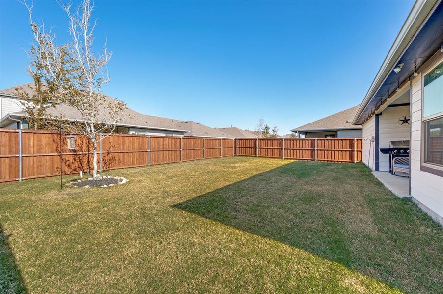 Spacious yard with stained privacy fence